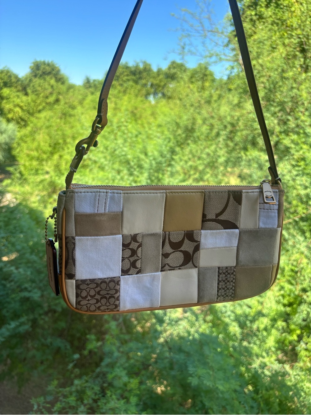 Coach Neutral Patchwork Shoulder Wristlet — Beige, Cream & Brown